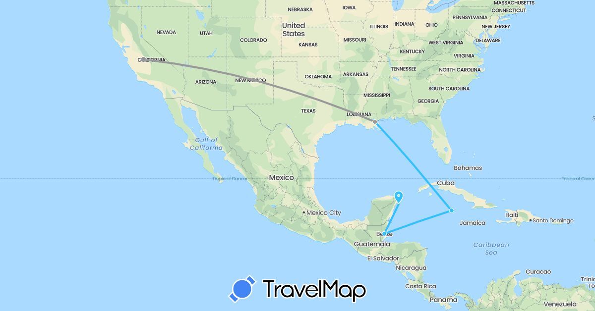 TravelMap itinerary: driving, plane, boat in Belize, Cayman Islands, Mexico, United States (North America)